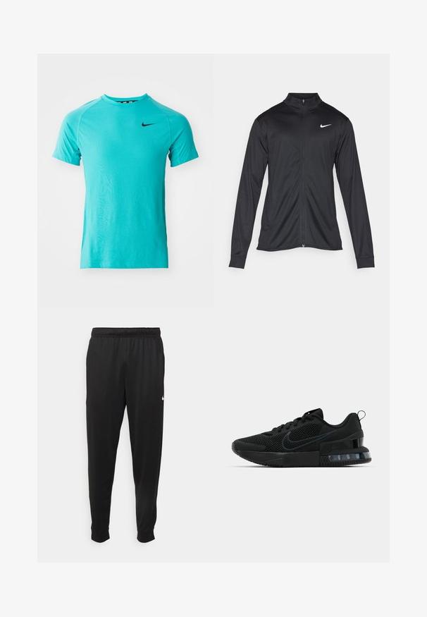 Μαύρο αθλητικό μπουφάν με μακριά μανίκια, γιακά και πλήρη φερμουάρ. Διαθέτει ένα διακριτικό λευκό λογότυπο της Nike στη πάνω αριστερή πλευρά του στήθους. Λείος υφασμάτινος χαρακτήρας.; Αθλητικό μπλουζάκι σε ανοιχτό τυρκουάζ χρώμα με κοντά μανίκια, στρογγυλή λαιμόκοψη, αναπνέον πλέγμα και μαύρο λογότυπο Nike στον μπροστινό μέρος.; Μαύρο αθλητικό παντελόνι από λείο ύφασμα, με ελαστική μέση, κοφτά μπατζάκια και μικρό λευκό λογότυπο στην αριστερή πλευρά.; Μαύρο αθλητικό παπούτσι Nike με διαπνέον επάνω μέρος, καουτσούκ σόλα, μαξιλαρωμένο κολάρο και διακριτικό διάφανο τμήμα στη φτέρνα.