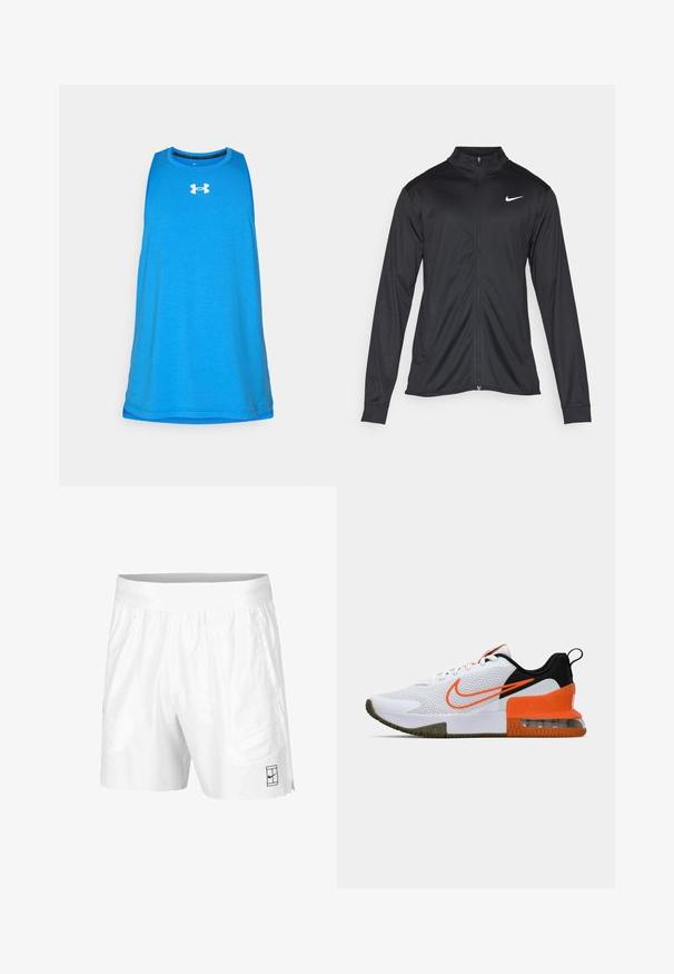 Fekete sportdzseki hosszú ujjal, gallérral és teljes cipzárral. Diszkrét fehér Nike logóval az upper bal mellen. Sima textúra.; Kék, ujjatlan sportatlan felső, könnyű és légáteresztő anyagból készült. Fehér logóval rendelkezik a mell részen és kerek nyakkivágással készült.; Fehér atlétikai rövidnadrág, könnyű anyagból, rugalmas derékkal, két oldalsó zsebbel és egy kis fekete logóval az alján.; Fehér sportcipő, texturált hálós felsőrésszel, fekete és narancssárga részletekkel, vastag gumitalppal és átlátszó levegőpárnával a sarkán.