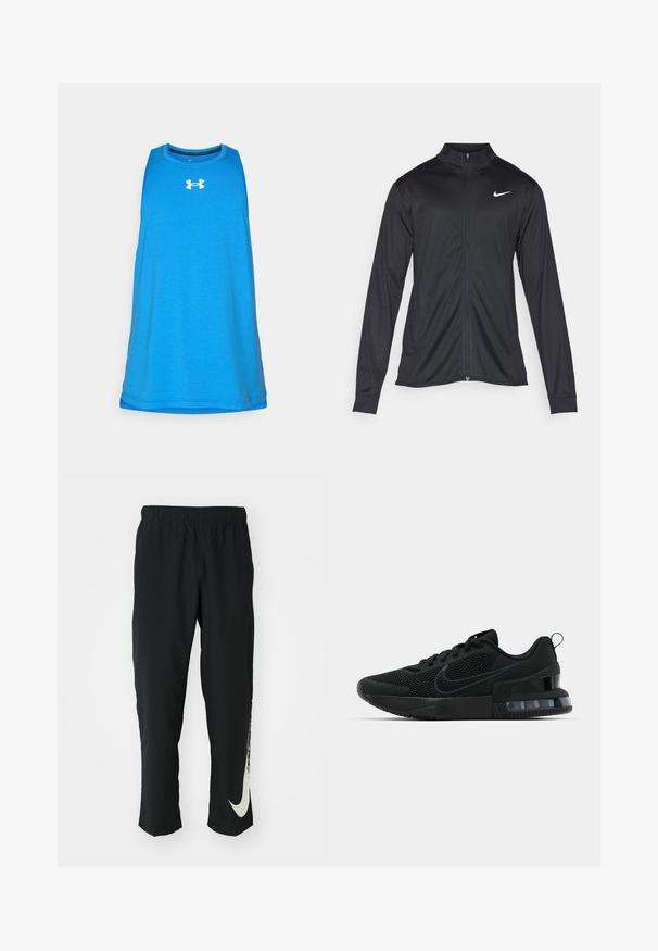 Jacket desportivo preto com mangas longas, colarinho e fecho zip completo. Apresenta um discreto logotipo da Nike em branco na parte superior do lado esquerdo do peito. Textura suave.; Top atlético sem mangas azul, feito de um tecido leve e respirável. Apresenta um logótipo branco no peito e um design de gola redonda.; Calças atléticas pretas com cintura elástica, design afunilado, apresentando um grande logótipo branco da Nike na perna esquerda. Tecido macio e leve.; Tênis esportivo Nike preto com parte superior em malha, sola de borracha, colarinho acolchoado e um distinto detalhe transparente no calcanhar.
