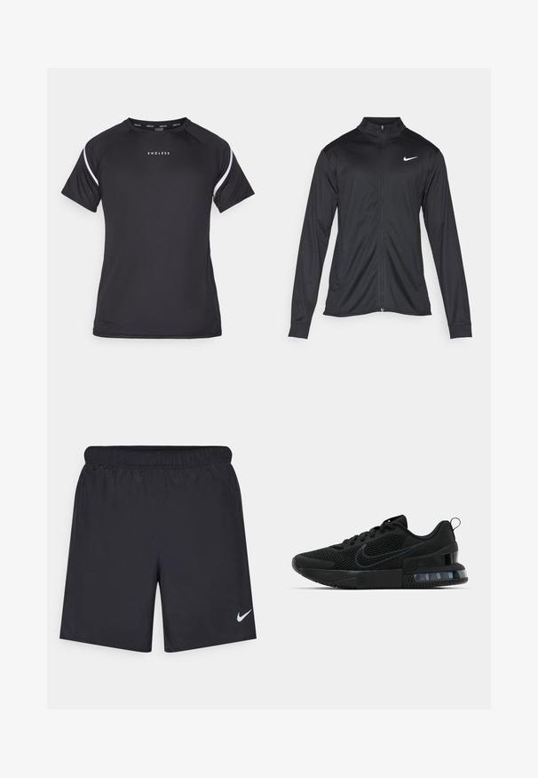 Sort atletisk jakke med lange ærmer, krave og fuld lynlås. Har et diskret Nike-logo i hvidt på den øverste venstre side af brystet. Glat tekstur.; Endless APHEX - Sports T-shirts - black; Sorte atletiske shorts lavet af letvægtsmateriale med en elastisk talje. Har et lille hvidt Nike-logo i nederste venstre hjørne.; Sort Nike sportsko med mesh-overdel, gummisål, polstret krave og en markant transparent hælaccent.