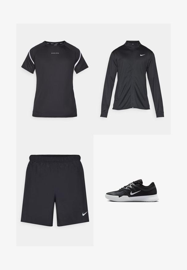 Svart idrettsjakke med lange ermer, krage og full glidelås. Har en subtil Nike-logo i hvitt på øvre venstre bryst. Glatt tekstur.; Endless APHEX - T-skjorte til trening - black; Svart sportskjørt laget av lett materiale med elastisk linning. Har en liten hvit Nike-logo nederst til venstre.; Svart treningssko med teksturert overdel, hvit Nike-swoosh og hvit gummisåle. Har snøring og en dynamisk form.