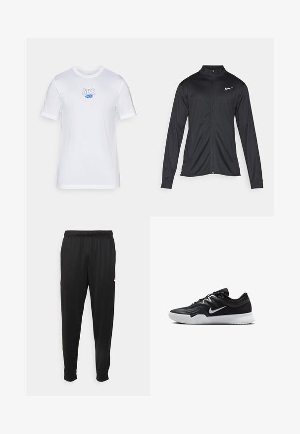 Must värvi sportlik jakk pikkade varrukatega, krae ja täispikk tõmblukk. Ülemises vasakus rinnas on diskreetne valge Nike logo. Sile tekstuur.; Nike Performance TEE - Spordi T-särk - white; Mustad mustekad athletic-püksid sujuvast kangast, elastse vöökoha, kitsenevate jalgade ja väikese valge logoga vasakul küljel.; Must mustad jalanikesad rikaste ülaservaga, valge Nike swoosh'i ja valge kummist välispõhjaga. Omab paeltega sulgemisdetaili ja dünaamilist kuju.