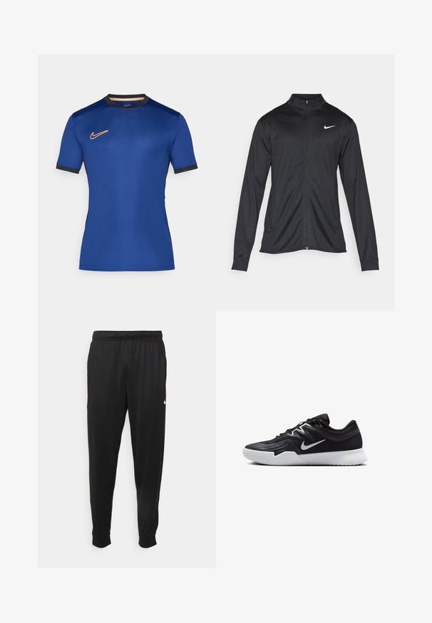 Must värvi sportlik jakk pikkade varrukatega, krae ja täispikk tõmblukk. Ülemises vasakus rinnas on diskreetne valge Nike logo. Sile tekstuur.; Sinine sportlik särk, mis on valmistatud siledast kangast. Omab lühikesi varrukaid, musti aktsente krae ja varrukate juures ning oranži Nike logo rinnal.; Mustad mustekad athletic-püksid sujuvast kangast, elastse vöökoha, kitsenevate jalgade ja väikese valge logoga vasakul küljel.; Must mustad jalanikesad rikaste ülaservaga, valge Nike swoosh'i ja valge kummist välispõhjaga. Omab paeltega sulgemisdetaili ja dünaamilist kuju.