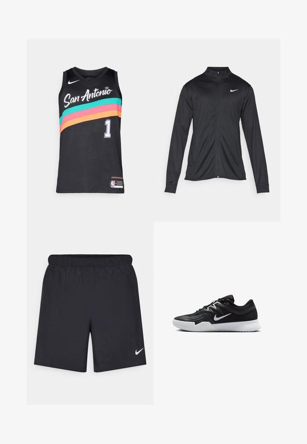 Jacket desportivo preto com mangas longas, colarinho e fecho zip completo. Apresenta um discreto logotipo da Nike em branco na parte superior do lado esquerdo do peito. Textura suave.; Camisa atlética preta com o texto "San Antonio", apresentando listras horizontais em turquesa, rosa e laranja, decote em V e número branco "1". Logótipo da Nike presente.; Calças de desporto pretas feitas de material leve com uma cintura elástica. Apresenta um pequeno logótipo branco da Nike no canto inferior esquerdo.; Sapatilha atlética preta com um cabedal texturizado, swoosh branco da Nike e uma sola de borracha branca. Apresenta um design com atacadores e uma forma dinâmica.