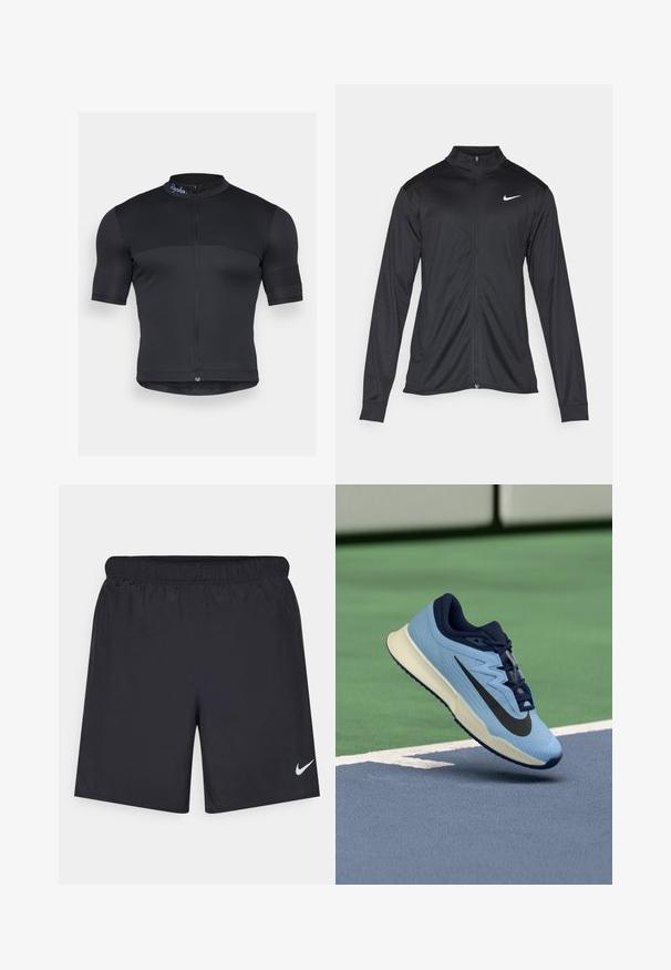 Juodas sportinis švarkas su ilgomis rankovėmis, apykakle ir pilnu užtrauktuku. Yra subtilus baltas Nike logotipas kairėje krūtinės pusėje. Lygus tekstūra.; Juodas dviratininko džersis, pagamintas iš tamprios medžiagos, su trumpomis rankovėmis, pusę užtrauktuku priekyje ir subtiliu gipiūru su logotipu ant apykaklės.; Juodos sportinės šortai, pagaminti iš lengvos medžiagos, su elastingu juosmeniu. Ant apatinės kairės pusės yra mažas baltas Nike logotipas.; Šviesiai mėlyna sportinė avalynė su tamsiai mėlynais akcentais, tekstūruota tinklelis viršutinėje dalyje ir juodu "Swoosh" logotipu. turi paminkštintą tarpinį padas ir guminį padas.
