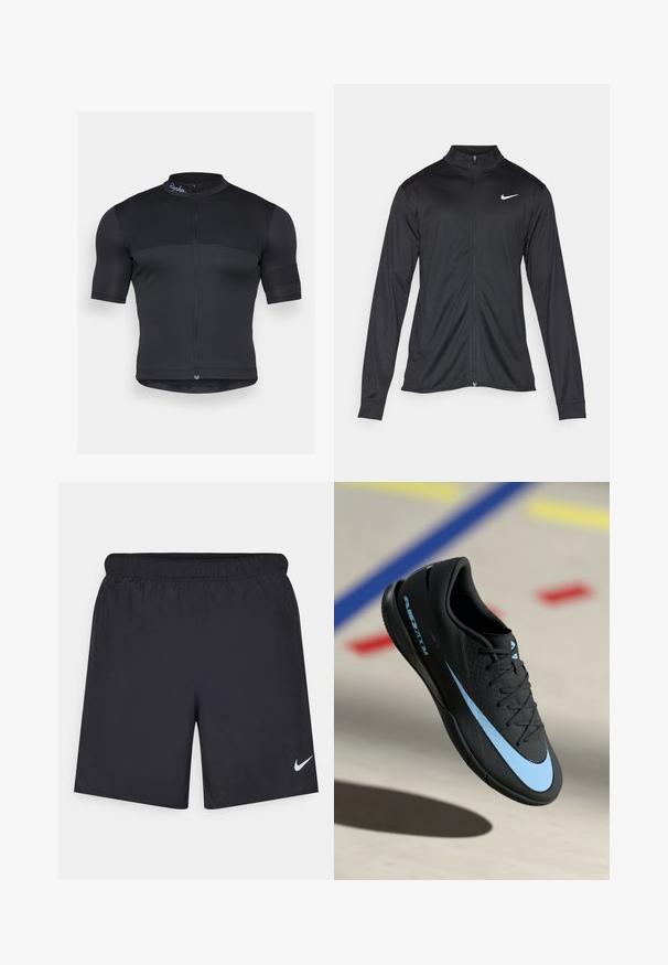 Veste de sport noire à manches longues, avec col et fermeture éclair intégrale. Présente un logo Nike subtil en blanc sur le côté supérieur gauche de la poitrine. Texture lisse.; Maillot de cyclisme noir en tissu extensible, avec des manches courtes, un devant à demi-fermeture éclair et une texture côtelée subtile, portant un logo sur le col.; Shorts de sport noirs en matériau léger avec une taille élastique. Présente un petit logo Nike blanc sur le bas du côté gauche.; Chaussure de sport noire avec accents bleus, surface texturée, design à lacets et logo Nike distinctif. Semelle en caoutchouc avec motifs de grip.
