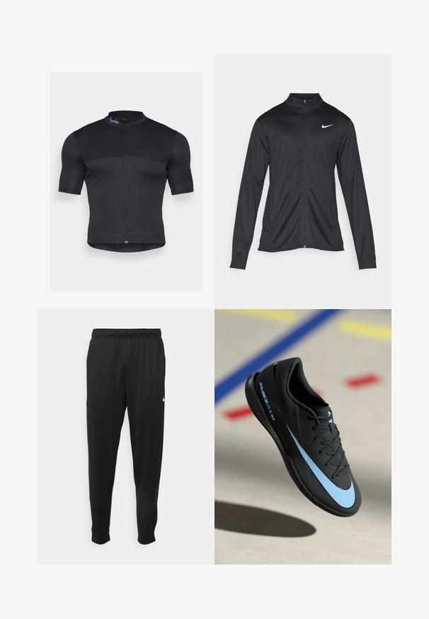 Veste de sport noire à manches longues, avec col et fermeture éclair intégrale. Présente un logo Nike subtil en blanc sur le côté supérieur gauche de la poitrine. Texture lisse.; Maillot de cyclisme noir en tissu extensible, avec des manches courtes, un devant à demi-fermeture éclair et une texture côtelée subtile, portant un logo sur le col.; Pantalon de sport noir en tissu lisse, avec une taille élastique, des jambes fuselées et un petit logo blanc sur le côté gauche.; Chaussure de sport noire avec accents bleus, surface texturée, design à lacets et logo Nike distinctif. Semelle en caoutchouc avec motifs de grip.