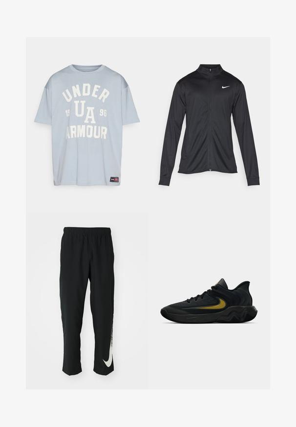 Czarna sportowa kurtka z długimi rękawami, kołnierzem i pełnym zamkiem. Posiada subtelne logo Nike w białym kolorze na lewej górnej części klatki piersiowej. Gładka tekstura.; Jasnoniebieska koszulka z krótkim rękawem wykonana z bawełny, z dużym białym nadrukiem na przodzie brzmiącym "UNDER UA ARMOUR 1996". Czarna metka na końcu.; Czarne spodnie sportowe z elastycznym paskiem, zwężający się fason, z dużym białym logo Nike na lewej nogawce. Miękka, lekka tkanina.; Czarne i ciemnoszare buty sportowe z czarnymi sznurowadłami i złotym logo w kształcie paska, z falistym wzorem podeszwy i wyściełanym kołnierzem pięty.