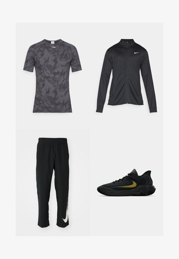 Jacket desportivo preto com mangas longas, colarinho e fecho zip completo. Apresenta um discreto logotipo da Nike em branco na parte superior do lado esquerdo do peito. Textura suave.; T-shirt de manga curta, ajustado, em cinza escuro com padrão de camuflagem. Feito em um material liso e elástico, com detalhes de textura sutis.; Calças atléticas pretas com cintura elástica, design afunilado, apresentando um grande logótipo branco da Nike na perna esquerda. Tecido macio e leve.; Tênis atlético preto e cinza escuro com cadarços pretos e logotipo swoosh dourado, apresentando um design de sola ondulada e colarinho acolchoado no calcanhar.