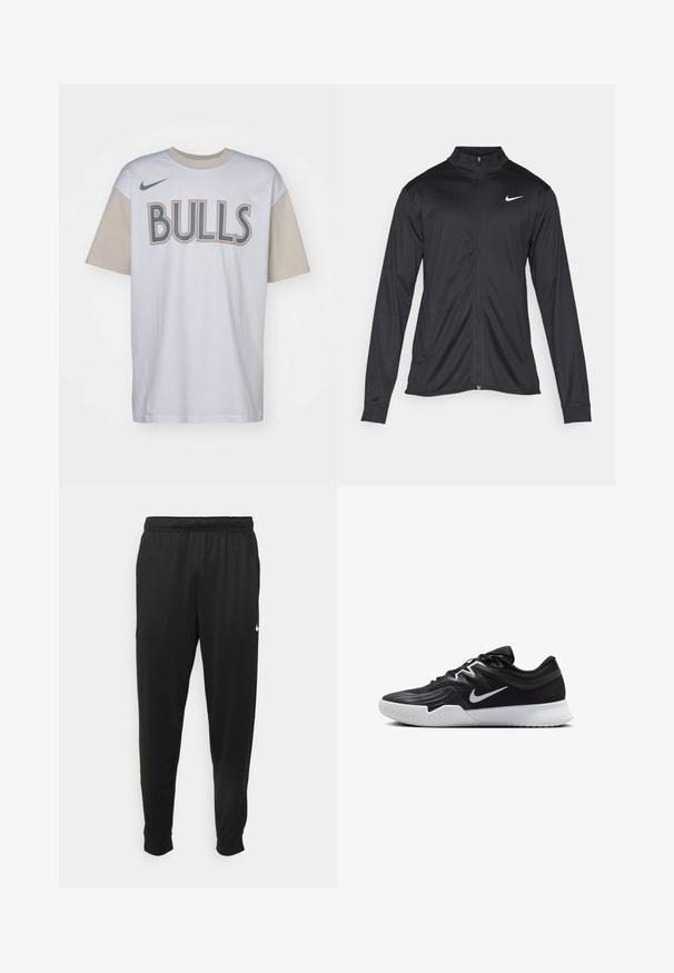 Sort atletisk jakke med lange ærmer, krave og fuld lynlås. Har et diskret Nike-logo i hvidt på den øverste venstre side af brystet. Glat tekstur.; Hvid bomulds t-shirt med beige korte ærmer. Har "BULLS" i fede, mørkegrå bogstaver. Nike-logo i marineblå på venstre skulder.; Sorte atletiske bukser lavet af glat stof, med elastisk talje, smalnende ben og et lille hvidt logo på venstre side.; Sort atletiksko med en tekstureret overdel, hvid Nike swoosh og en hvid gummisål. Har en snørret design og dynamisk form.
