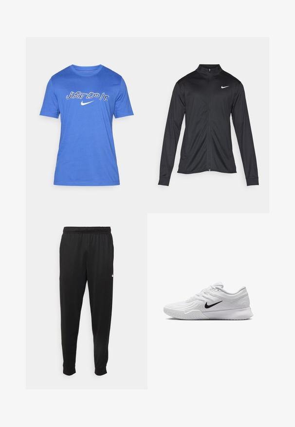 Must värvi sportlik jakk pikkade varrukatega, krae ja täispikk tõmblukk. Ülemises vasakus rinnas on diskreetne valge Nike logo. Sile tekstuur.; Sinine puuvillane T-särk, millel on ümar kaelus, lühikesed varrukad ja keskel valge tekst "Just Do It." Nike logo.; Mustad mustekad athletic-püksid sujuvast kangast, elastse vöökoha, kitsenevate jalgade ja väikese valge logoga vasakul küljel.; Valge spordijalats, millel on tekstuuriga mesh-ülemine osa, must Nike swoosh, pehmendatud krae ja kummist tald, millel on mustritrepp.