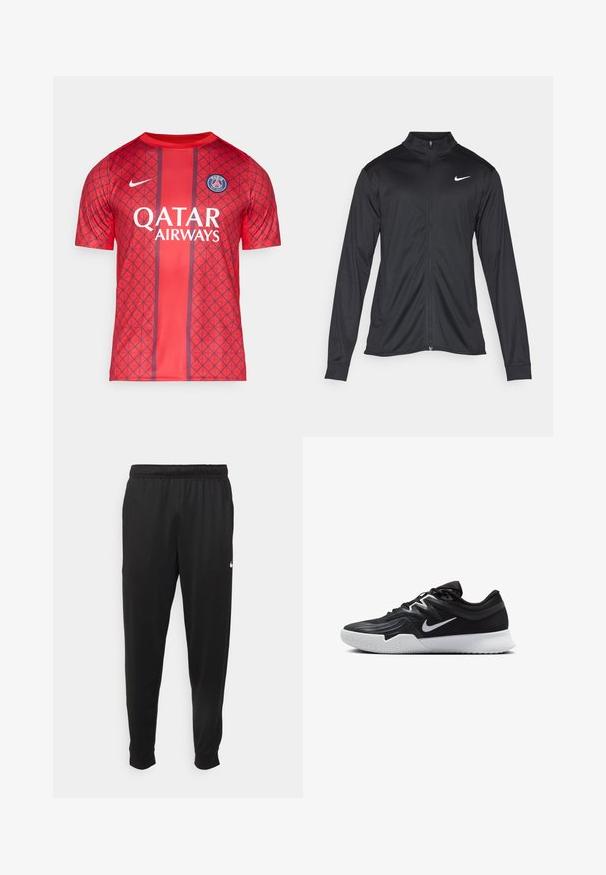 Czarna sportowa kurtka z długimi rękawami, kołnierzem i pełnym zamkiem. Posiada subtelne logo Nike w białym kolorze na lewej górnej części klatki piersiowej. Gładka tekstura.; Czerwona koszulka sportowa z geometrycznym wzorem, krótkie rękawy, okrągły dekolt, logo Nike i tekst "Qatar Airways". Emblemat PSG na klatce piersiowej.; Czarne sportowe spodnie wykonane z gładkiego materiału, z elastycznym pasem, zwężanymi nogawkami i małym białym logo po lewej stronie.; Czarne buty sportowe z teksturowaną cholewką, białym logo Nike i białą gumową podeszwą. Charakteryzują się sznurowanym zapięciem i dynamicznym kształtem.