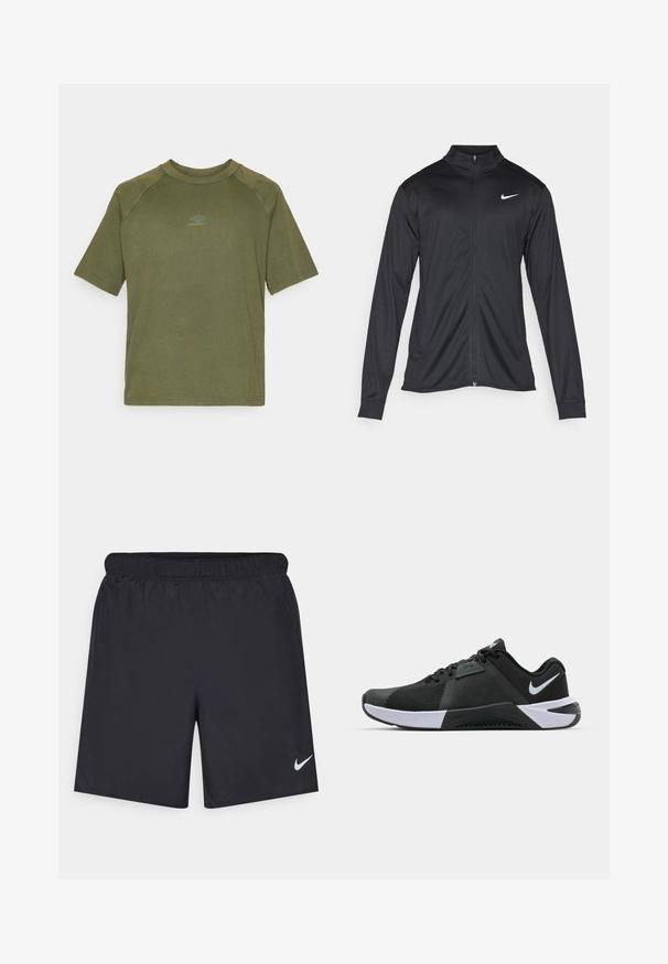 Černá sportovní bunda s dlouhými rukávy, límcem a plným zipem. Má decentní bílou logo značky Nike na horní levé části hrudi. Hladká textura.; Olivově zelené tričko s krátkým rukávem vyrobené z bavlny, s kulatým výstřihem a malým šedým logem ve středu hrudi. Hladký povrch.; Černé sportovní šortky vyrobené z lehkého materiálu s elastickým pasem. Na spodní levé straně mají malé bílé logo Nike.; Nike Performance METCON 10 - Sportovní boty - black/white/anthracite