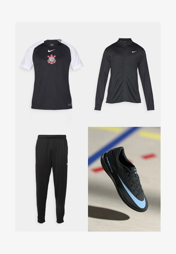 Musta urheilutakki pitkillä hihoilla, kauluksella ja kokonaisella vetoketjulla. Täydentää hienovarainen Nike-logo valkoisena vasemmassa ylärinnassa. Litteä pinta.; Musta ja valkoinen lyhythihainen paita pyöreällä pääntiellä. Etupuolella logo ja tekstuuripintainen kangas. Nike-brändäys olkapäällä.; Mustat urheiluhousut, jotka on valmistettu sileästä kankaasta. Niissä on joustava vyötärö, kapenevat lahkeet ja pieni valkoinen logo vasemmalla puolella.; Mustat urheilukengät sinisillä yksityiskohdilla, teksturoitu pinta, nauhallinen muotoilu ja erottuva Nike-logo. Kumipohja, jossa on pitoprofiilit.