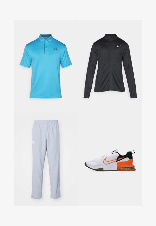 Fekete sportdzseki hosszú ujjal, gallérral és teljes cipzárral. Diszkrét fehér Nike logóval az upper bal mellen. Sima textúra.; Kék pólóing, textúrált anyagból készült, gallérral, háromgombos záródással és egy kis fekete logóval a bal mellrészen.; Világoskék sportnadrág elasztikus derékrésszel, oldalsó zsebekkel és bokáig érő cipzárokkal. Az állványa a bal combon egy fehér logóval rendelkezik.; Fehér sportcipő, texturált hálós felsőrésszel, fekete és narancssárga részletekkel, vastag gumitalppal és átlátszó levegőpárnával a sarkán.