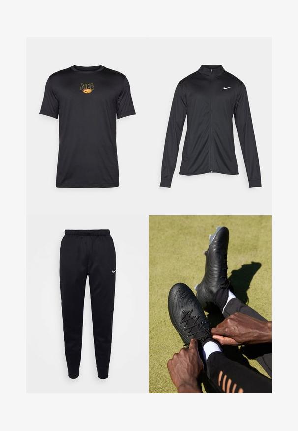 Czarna sportowa kurtka z długimi rękawami, kołnierzem i pełnym zamkiem. Posiada subtelne logo Nike w białym kolorze na lewej górnej części klatki piersiowej. Gładka tekstura.; Czarna koszulka Nike wykonana z tkaniny syntetycznej, z żółtym logo i grafiką koszykarską, okrągłym dekoltem oraz krótkimi rękawami. Gładka tekstura.; Czarne dresy Nike z elastycznym pasem, zwężanymi nogawkami i subtelnym akcentem logo. Wykonane z gładkiego materiału o prostym wzorze.; Czarne korki piłkarskie z teksturowanym wierzchem i czarnymi sznurowadłami, zaciągane przez dłonie. Na tle zielonej powierzchni, w komplecie z czarnym strojem sportowym i białymi skarpetami.