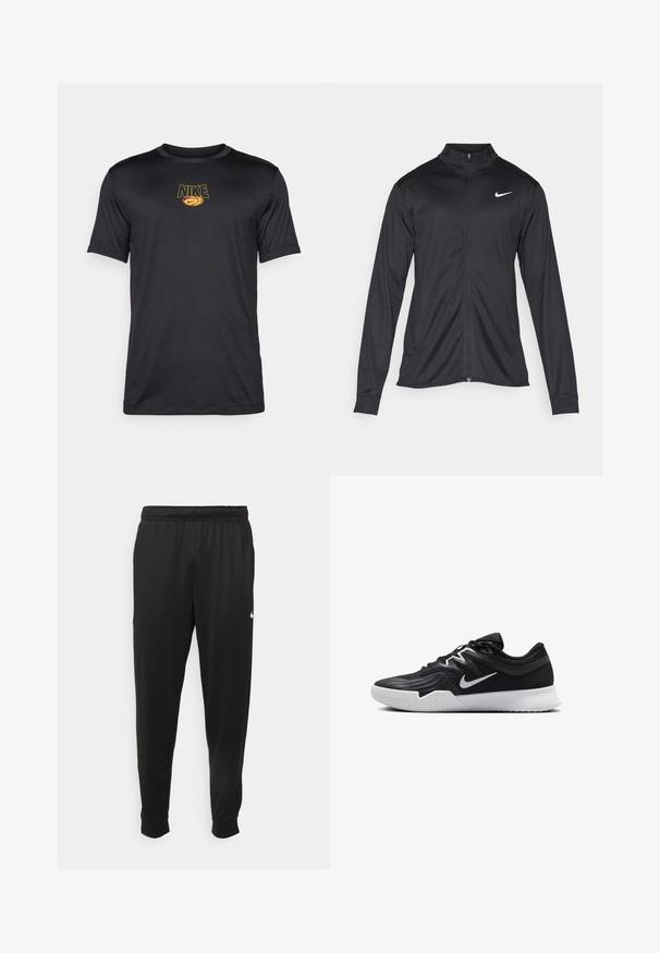 Must värvi sportlik jakk pikkade varrukatega, krae ja täispikk tõmblukk. Ülemises vasakus rinnas on diskreetne valge Nike logo. Sile tekstuur.; Musthave musta Nike t-särk, mis on valmistatud sünteetilisest kangast, millel on kollane logo ja korvpalli graafika, ümar kaelus ja lühikesed varrukad. Sile tekstuur.; Mustad mustekad athletic-püksid sujuvast kangast, elastse vöökoha, kitsenevate jalgade ja väikese valge logoga vasakul küljel.; Must mustad jalanikesad rikaste ülaservaga, valge Nike swoosh'i ja valge kummist välispõhjaga. Omab paeltega sulgemisdetaili ja dünaamilist kuju.