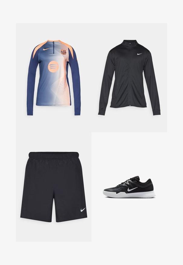 Black athletic jacket with long sleeves, collar, and full zipper. Features a subtle Nike logo in white on the upper left chest. Smooth texture.; Long-sleeve blue and peach Nike football training top with FC Barcelona crest and Spotify logo, zip collar, and abstract line pattern.; Black athletic shorts made of lightweight material with an elastic waistband. Features a small white Nike logo on the lower left side.; Black athletic shoe with a textured upper, white Nike swoosh, and a white rubber outsole. Features a lace-up design and dynamic shape.