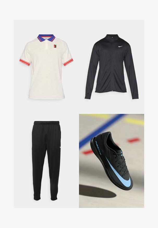 Melna sporta jaka ar garām piedurknēm, apkakli un pilnu rāvējslēdzēju. Uz kreisā krūts augšdaļas ir maigs Nike logo baltā krāsā. Gluda tekstūra.; Balts polo krekls ar elpojošu sieta audumu. Iezīmēts ar zilu apkakli, sarkaniem un baltiem svītrojumiem uz piedurknēm, kā arī logo uzšuvēm uz krūtīm.; Melnas sporta bikses, kas izgatavotas no gludas auduma, ar elastīgu jostu, sašaurinošām kājām un mazu balto logo kreisajā pusē.; Melnas sporta apavas ar ziliem akcentiem, teksturēta virsma, auklu dizains un izteiksmīga Nike logo. Gumijas zole ar saķeres rakstiem.