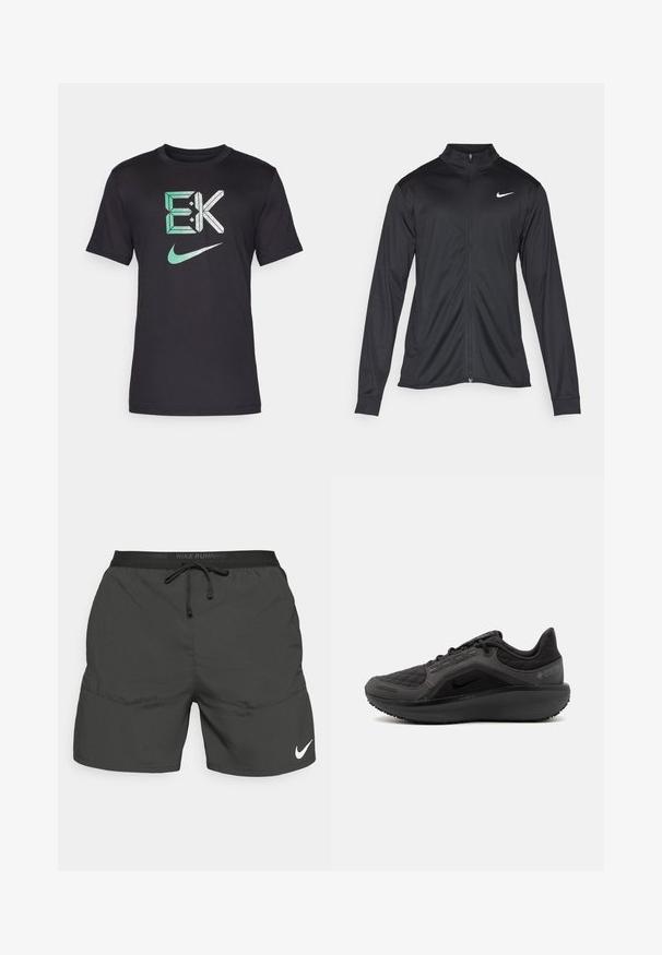 Jacket desportivo preto com mangas longas, colarinho e fecho zip completo. Apresenta um discreto logotipo da Nike em branco na parte superior do lado esquerdo do peito. Textura suave.; Nike Performance TEE KIPCHOGE - T-shirt desportiva - black; Calções de corrida pretos com cintura elástica, cordão, bolsos laterais e um logo branco da Nike na parte inferior da perna esquerda.; Shoe atlético preto com um superior acolchoado texturizado, design elegante e sola de borracha preta. Apresenta um logótipo visível e marca Gore-Tex.
