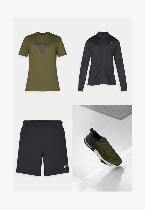 Jachetă sportivă neagră cu mâneci lungi, guler și fermoar complet. Prezintă un logo Nike subtil, alb, pe pieptul din stânga sus. Textură netedă.; Tricou din bumbac de culoare verde măsliniu cu mâneci scurte și guler rotund; are un logo negru cu un taur pe față.; Pantaloni scurți atletici negri, fabricați dintr-un material ușor, cu un talie elastică. Au un mic logo alb Nike în partea stângă jos.; Pantof cu sport de culoare verde măslin, cu un superior din plasă, accente negre și o talpă intermediară albă cu pete. Dispune de un vârf și călcâi rotunjite pentru confort suplimentar.