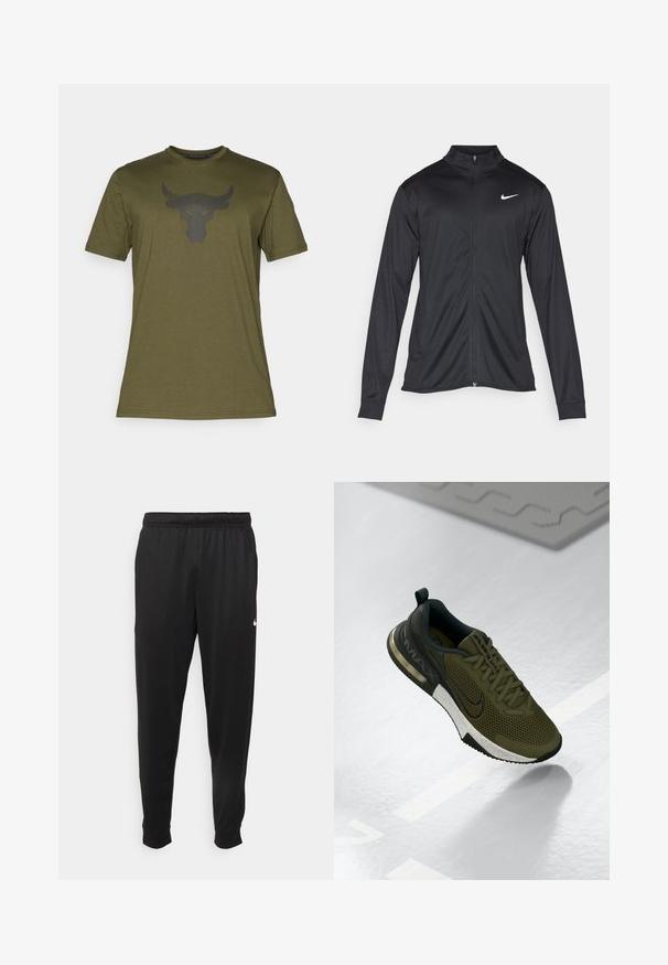 Must värvi sportlik jakk pikkade varrukatega, krae ja täispikk tõmblukk. Ülemises vasakus rinnas on diskreetne valge Nike logo. Sile tekstuur.; Olivroheline puuvillane T-särk lühikeste varrukatega ja ümmarguse-kaelusega; esiküljel on mustpulli logo.; Mustad mustekad athletic-püksid sujuvast kangast, elastse vöökoha, kitsenevate jalgade ja väikese valge logoga vasakul küljel.; Olive roheline treeningjalanõud, millel on võrgust pealne, mustad aktsendid ja valge laiguline vahekeha. Omab ümarat varvast ja kanna pehmendust.