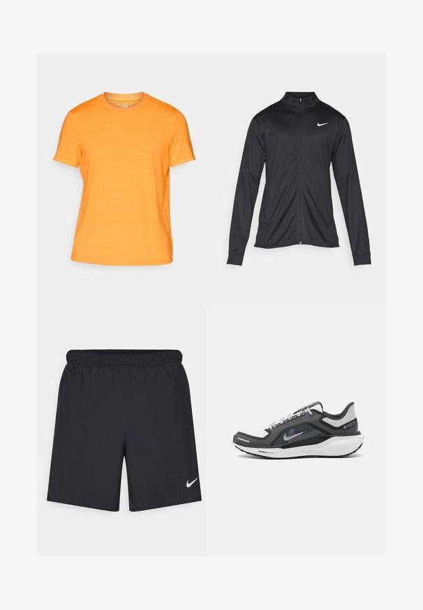 Chaqueta atlética negra con mangas largas, collar y cremallera completa. Presenta un sutil logo de Nike en blanco en la parte superior izquierda del pecho. Textura suave.; Camiseta de manga corta naranja hecha de un tejido ligero, que presenta un sutil patrón a rayas y un cuello redondo con un logotipo bordado.; Pantalones cortos deportivos negros hechos de un material ligero con una cintura elástica. Presenta un pequeño logo blanco de Nike en la parte inferior izquierda.; Zapatilla deportiva negro y gris con parte superior de malla, acentos reflectantes y una entresuela blanca. Presenta una suela de goma texturizada y cordones.