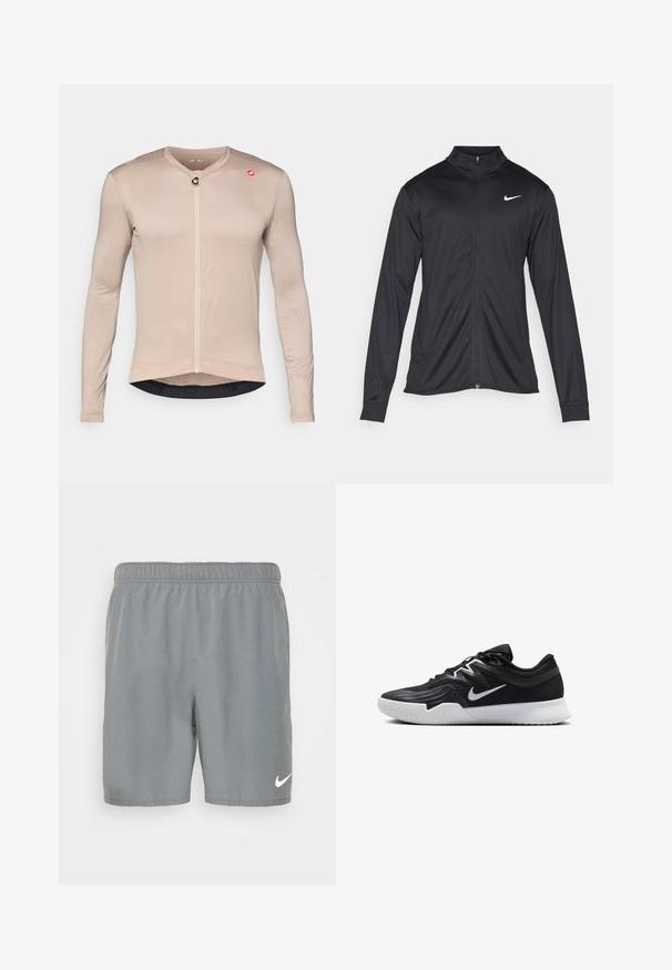 Zwarte sportjack met lange mouwen, kraag en volle rits. Voorzien van een subtiele Nike-logo in het wit op de bovenste linkerborst. Soepele textuur.; Lange mouwen fietsjersey in lichtbeige, gemaakt van een gestructureerde ademende stof. Beschikt over een rits aan de voorkant, een logo-accent en een contrasterende zoom.; Grijze sportshorts van gladde stof, met een elastische tailleband en een wit Nike-logo op de onderzijde van de rechter voorkant.; Zwarte sportieve schoen met een gestructureerde bovenkant, witte Nike swoosh en een witte rubberen zool. Beschikt over een veterontwerp en een dynamische vorm.