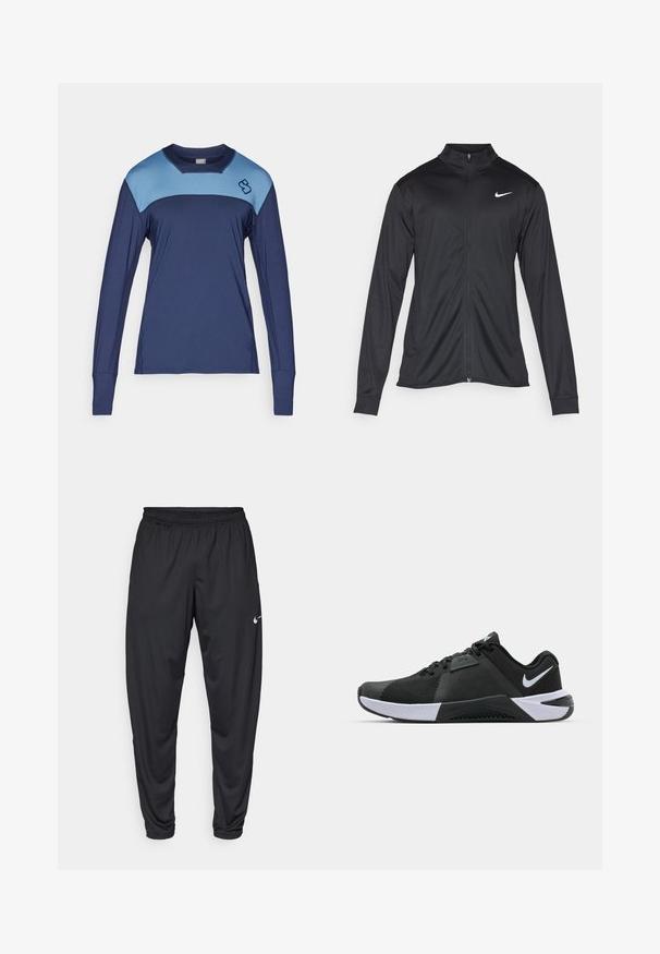 Fekete sportdzseki hosszú ujjal, gallérral és teljes cipzárral. Diszkrét fehér Nike logóval az upper bal mellen. Sima textúra.; Hosszú ujjú sportfelső nedvességelvezető anyagból; sötétkék test világoskék vállrész díszítéssel és egy kis logóval a mellen.; Fekete sportnadrág elasztikus derékpánttal, szűkülő lábakkal és egy kisebb fehér Nike logóval a bal combon. Sima anyag, nincs mintázat.; Nike Performance METCON 10 - Edzőcipő - black/white/anthracite
