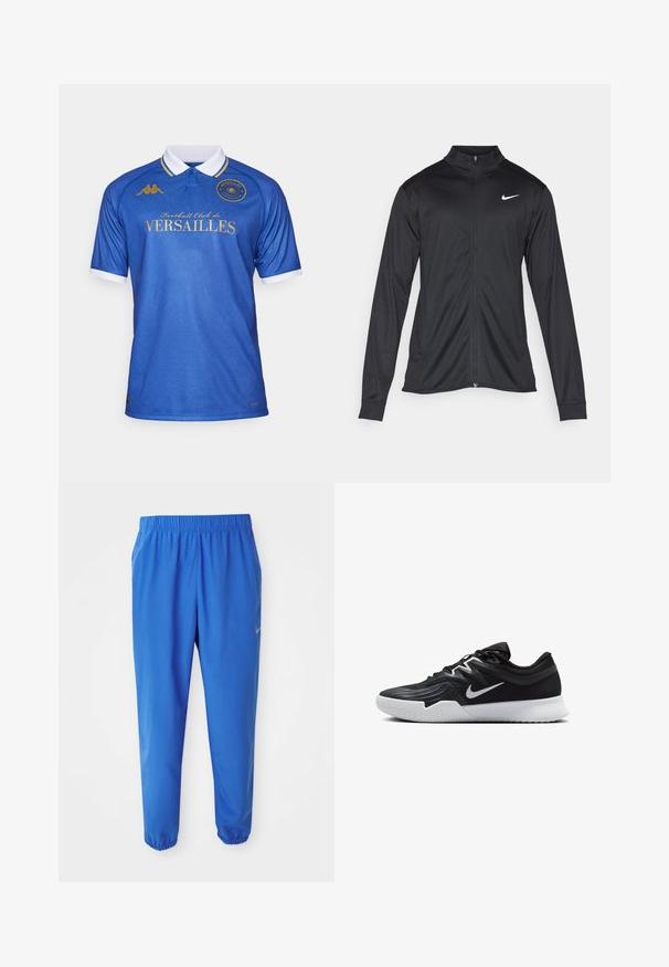 Must värvi sportlik jakk pikkade varrukatega, krae ja täispikk tõmblukk. Ülemises vasakus rinnas on diskreetne valge Nike logo. Sile tekstuur.; Sinine jalgpallipaita, millel on krae, tekstuuriga mustriga, kuldsete tähtedega "Football Club de VERSAILLES" ja valged varruka aktsendid.; Sinised spordipüksid elastse vöökoha, sirge jala disaini ja kitsenevate sääremukudega. Vasakul küljel on kuldne Nike logo.; Must mustad jalanikesad rikaste ülaservaga, valge Nike swoosh'i ja valge kummist välispõhjaga. Omab paeltega sulgemisdetaili ja dünaamilist kuju.