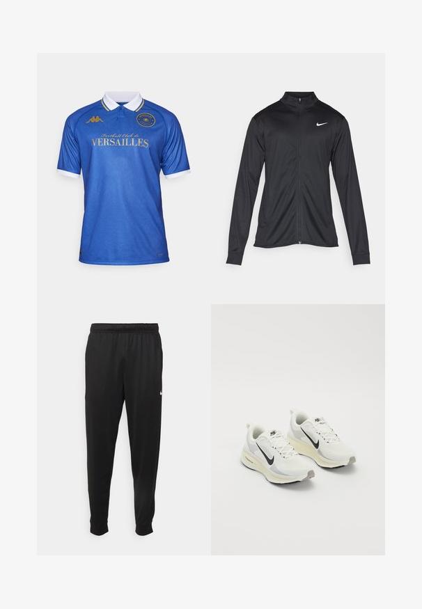 Jachetă sportivă neagră cu mâneci lungi, guler și fermoar complet. Prezintă un logo Nike subtil, alb, pe pieptul din stânga sus. Textură netedă.; Tricou de fotbal albastru cu guler, prezentând un model texturat, litere aurii pentru "Football Club de VERSAILLES" și accente albe pe mâneci.; Pantaloni sportivi negri dintr-o țesătură netedă, cu un elastic la brâu, picioare conice și un mic logo alb pe partea stângă.; Pantofi de alergare din plasă albă respirabilă, cu accente gri deschis. Au un logo Swoosh negru și o talpă exterioară din cauciuc gri deschis.