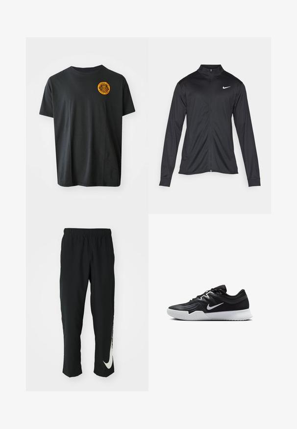 Jacket desportivo preto com mangas longas, colarinho e fecho zip completo. Apresenta um discreto logotipo da Nike em branco na parte superior do lado esquerdo do peito. Textura suave.; T-shirt de algodão preto com mangas curtas, decote redondo, com um logotipo circular laranja no lado esquerdo superior. Textura suave.; Calças atléticas pretas com cintura elástica, design afunilado, apresentando um grande logótipo branco da Nike na perna esquerda. Tecido macio e leve.; Sapatilha atlética preta com um cabedal texturizado, swoosh branco da Nike e uma sola de borracha branca. Apresenta um design com atacadores e uma forma dinâmica.