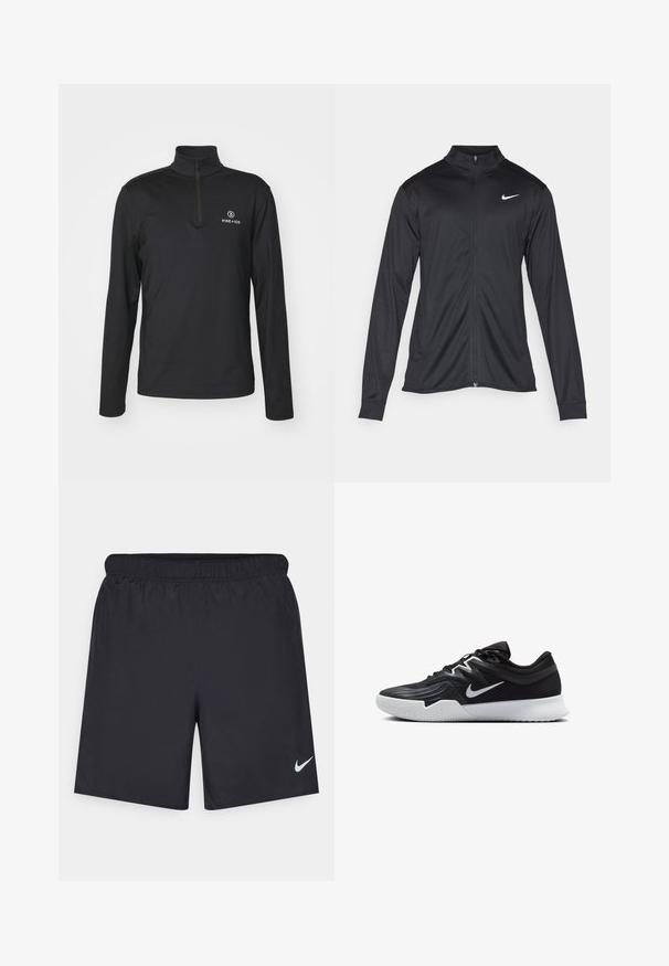 Black athletic jacket with long sleeves, collar, and full zipper. Features a subtle Nike logo in white on the upper left chest. Smooth texture.; Bogner Fire + Ice PASCAL - Long sleeved top - deepest navy; Black athletic shorts made of lightweight material with an elastic waistband. Features a small white Nike logo on the lower left side.; Black athletic shoe with a textured upper, white Nike swoosh, and a white rubber outsole. Features a lace-up design and dynamic shape.