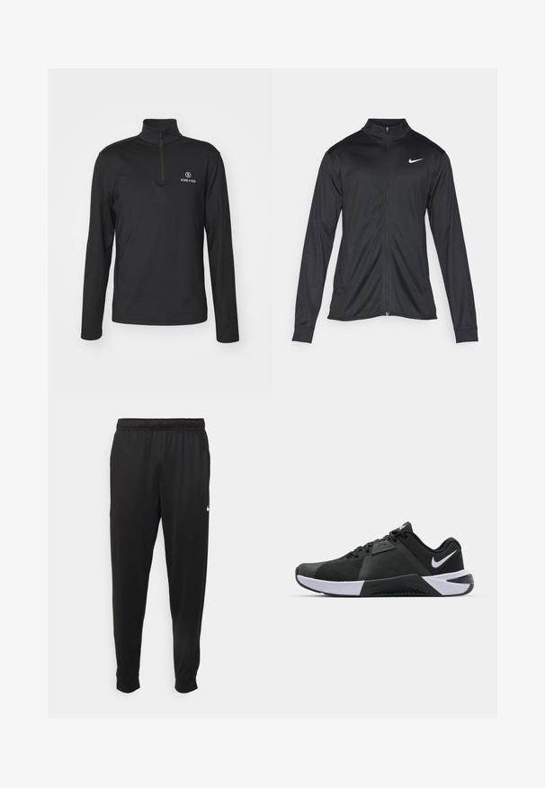 Schwarze Sportjacke mit langen Ärmeln, Kragen und voller Reißverschluss. Verfügt über ein dezentes Nike-Logo in Weiß auf der oberen linken Brust. Glatte Textur.; Bogner Fire + Ice PASCAL - Langarmshirt - deepest navy; Schwarze Sporthosen aus glattem Stoff, mit einem elastischen Bund, schmal zulaufenden Beinen und einem kleinen weißen Logo auf der linken Seite.; Nike Performance METCON 10 - Trainingsschuh - black/white/anthracite