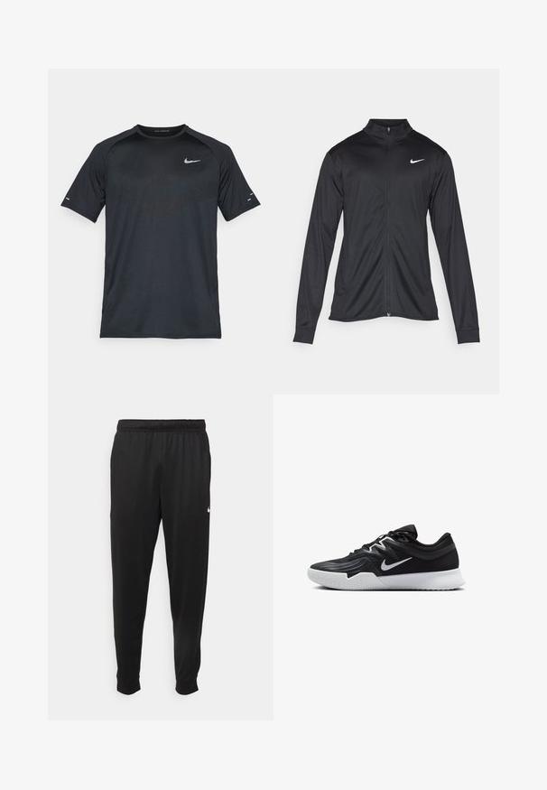 Must värvi sportlik jakk pikkade varrukatega, krae ja täispikk tõmblukk. Ülemises vasakus rinnas on diskreetne valge Nike logo. Sile tekstuur.; Must t-särk mustast Nike'ilt, lühikeste varrukatega, ümar kaelus, tekstureeritud kangas ja peegeldav logo vasakul rinnal.; Mustad mustekad athletic-püksid sujuvast kangast, elastse vöökoha, kitsenevate jalgade ja väikese valge logoga vasakul küljel.; Must mustad jalanikesad rikaste ülaservaga, valge Nike swoosh'i ja valge kummist välispõhjaga. Omab paeltega sulgemisdetaili ja dünaamilist kuju.