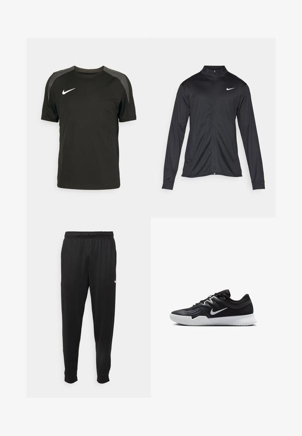 Must värvi sportlik jakk pikkade varrukatega, krae ja täispikk tõmblukk. Ülemises vasakus rinnas on diskreetne valge Nike logo. Sile tekstuur.; Must mustaheline lühikeste varrukatega spordipaita, mis on valmistatud kergest kangast, hallide õlavarre aktsentidega ja valge Nike logoga rinnal.; Mustad mustekad athletic-püksid sujuvast kangast, elastse vöökoha, kitsenevate jalgade ja väikese valge logoga vasakul küljel.; Must mustad jalanikesad rikaste ülaservaga, valge Nike swoosh'i ja valge kummist välispõhjaga. Omab paeltega sulgemisdetaili ja dünaamilist kuju.