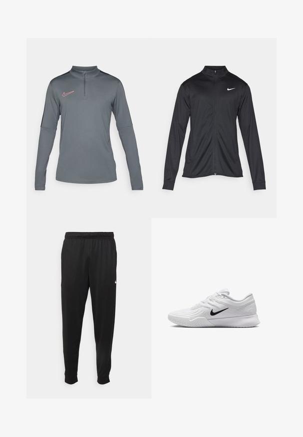 Svart idrettsjakke med lange ermer, krage og full glidelås. Har en subtil Nike-logo i hvitt på øvre venstre bryst. Glatt tekstur.; Langermet grå prestasjonsgenser med kvart-glidelås, Nike-logo i rosa og kontrasterende grå sidepaneler. Jevnt, elastisk stoff.; Svarte treningsbukser laget av glatt stoff, med elastisk midje, smale ben og en liten hvit logo på venstre side.; Hvit atletisk sko med teksturert mesh-overdel, svart Nike-svush, polstret krage og gummisåle med mønster.