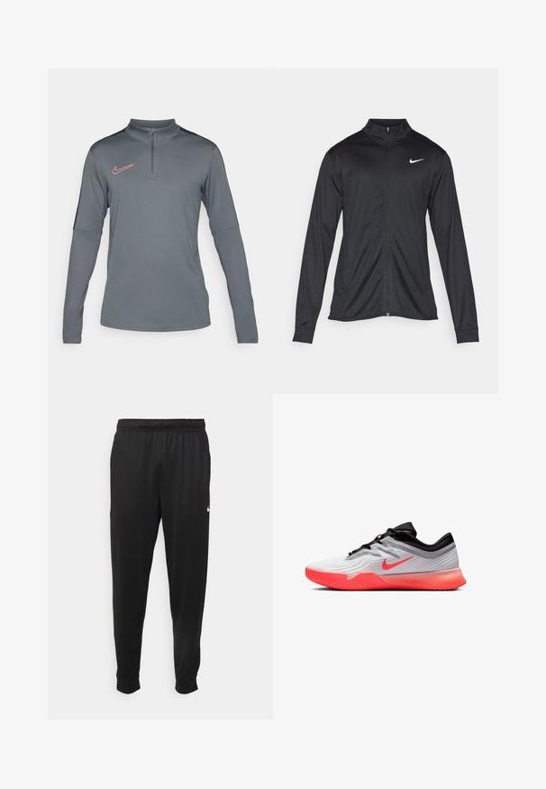Must värvi sportlik jakk pikkade varrukatega, krae ja täispikk tõmblukk. Ülemises vasakus rinnas on diskreetne valge Nike logo. Sile tekstuur.; Pikendustega hall sooritusvorm, millel on neljanda osa lukuga kaelus, Nike logo roosas ja kontrastsete hallide külgpaneelidega. Sile ja veniv kangas.; Mustad mustekad athletic-püksid sujuvast kangast, elastse vöökoha, kitsenevate jalgade ja väikese valge logoga vasakul küljel.; Valge ja must spordijalats erksate oranžide talladega ning Nike swoosh'iga, madala lõikega disainiga ning tekstureeritud haardega esiäll.