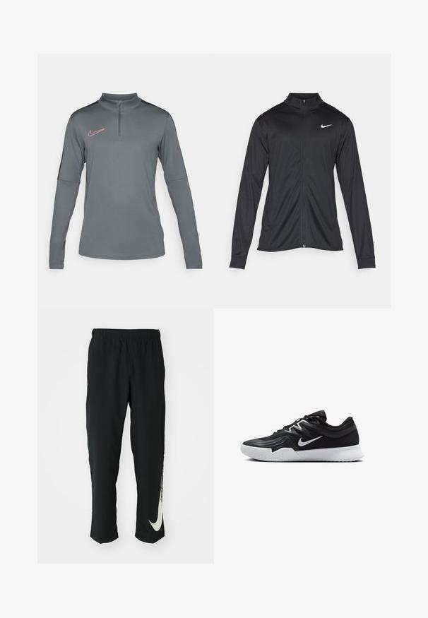 Melna sporta jaka ar garām piedurknēm, apkakli un pilnu rāvējslēdzēju. Uz kreisā krūts augšdaļas ir maigs Nike logo baltā krāsā. Gluda tekstūra.; Garais piedurknes pelēks sporta krekls ar ceturtdaļas rāvējslēdzēja apkakli, Nike logo rozā krāsā un kontrastējošām pelēkām sānu ieliktņiem. Gluda, elastīga auduma struktūra.; Melni sporta bikses ar elastīgu jostasvīru, ar sašaurinātu dizainu, kurām uz kreisā kājas gabala ir liels balts Nike logo. Mīksts, viegls audums.; Melni sporta apavi ar teksturētu virsu, balto Nike zulumu un balto gumijas zoli. Iezīmējas ar auklu pievilkšanas dizainu un dinamisku formu.