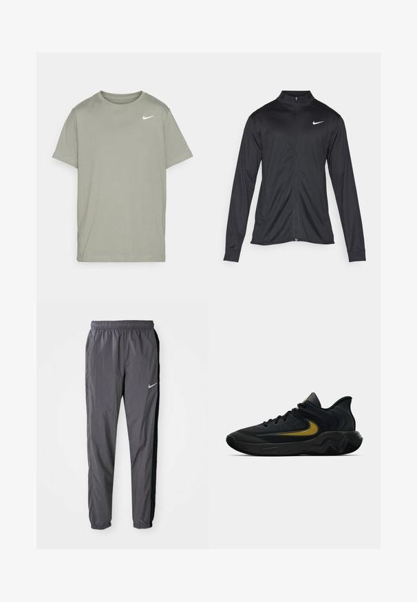 Must värvi sportlik jakk pikkade varrukatega, krae ja täispikk tõmblukk. Ülemises vasakus rinnas on diskreetne valge Nike logo. Sile tekstuur.; Nike Performance TEE CREW SOLID - Spordi T-särk - dark stucco; Nike jalgpüksid, valmistatud kergest kangast, tumesinised mustade külgpaneelidega. Omavad elastset vöökohta ja peegeldavat logo.; Mustmust värvi ja tumeda halli sportlik king, millel on mustad paelad ja kuldne swooshi logo, ning laineline tald ja pehmendatud kand.