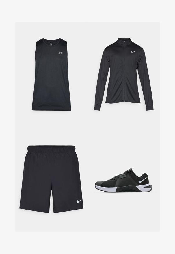 Jachetă sportivă neagră cu mâneci lungi, guler și fermoar complet. Prezintă un logo Nike subtil, alb, pe pieptul din stânga sus. Textură netedă.; Tricou sportiv fără mâneci, de culoare neagră, confecționat dintr-un material neted și respirabil. Dispune de un decolteu rotund și un logo alb pe piept.; Pantaloni scurți atletici negri, fabricați dintr-un material ușor, cu un talie elastică. Au un mic logo alb Nike în partea stângă jos.; Nike Performance METCON 10 - Pantofi training - black/white/anthracite