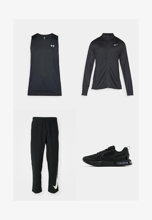 Črna atletska jakna z dolgimi rokavi, ovratnikom in polnim zadrgo. Vključuje diskreten bel Nike logotip na zgornjem levem delu prsnega koša. Gladka tekstura.; Črna brezrokavna atletska majica, izdelana iz gladkega, zračnega materiala. Ima crew izrez in belo logo na prsih.; Črne športne hlače z elastičnim pasom, zoženim dizajnom, s velikim belim logotipom Nike na levem hlačnici. Mehka, lahka tkanina.; Črne atletske tenisice Nike z mrežno zgornjico, gumijastim podplatom, oblazinjenim ovratnikom in značilnim prozornim poudarkom na peti.