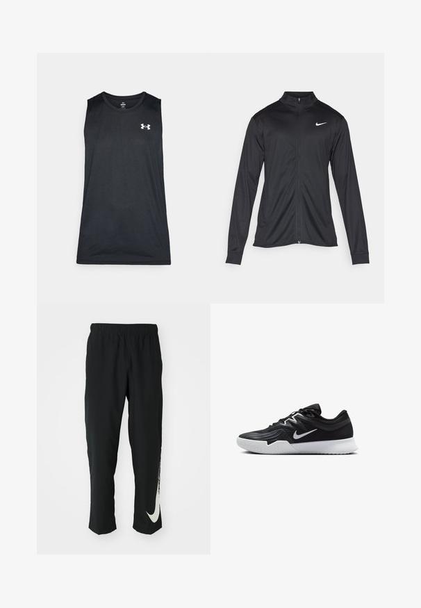 Sort atletisk jakke med lange ærmer, krave og fuld lynlås. Har et diskret Nike-logo i hvidt på den øverste venstre side af brystet. Glat tekstur.; Sort atletisk tanktop med rund halsudskæring, ærmeløs design og kontrastfuldt hvidt logo på øverste venstre bryst. Glat stoftekstur.; Sorte træningsbukser med elastisk talje, der taper ind, og har et stort hvidt Nike-logo på venstre ben. Blødt, letvægtsstof.; Sort atletiksko med en tekstureret overdel, hvid Nike swoosh og en hvid gummisål. Har en snørret design og dynamisk form.
