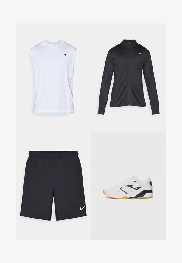 Jacket desportivo preto com mangas longas, colarinho e fecho zip completo. Apresenta um discreto logotipo da Nike em branco na parte superior do lado esquerdo do peito. Textura suave.; Camiseta atlética branca sem mangas feita de material que absorve a humidade; apresenta um pequeno logotipo preto no peito e costuras planas para conforto.; Calças de desporto pretas feitas de material leve com uma cintura elástica. Apresenta um pequeno logótipo branco da Nike no canto inferior esquerdo.; Tênis atlético branco com detalhes em preto, parte superior em malha texturizada, perfurações para respirabilidade, sola de borracha grossa e design com atacadores.