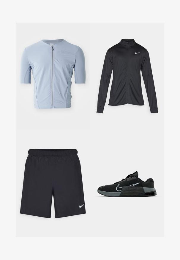 Black athletic jacket with long sleeves, collar, and full zipper. Features a subtle Nike logo in white on the upper left chest. Smooth texture.; Short-sleeve cycling jersey in light blue, featuring a grid texture, front zipper, and round neckline, designed for comfort and breathability.; Black athletic shorts made of lightweight material with an elastic waistband. Features a small white Nike logo on the lower left side.; Black athletic shoe with mesh upper, grey accents, and textured midsole. Features a prominent logo and lace-up design. Rubber outsole for traction.