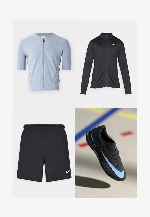 Black athletic jacket with long sleeves, collar, and full zipper. Features a subtle Nike logo in white on the upper left chest. Smooth texture.; Short-sleeve cycling jersey in light blue, featuring a grid texture, front zipper, and round neckline, designed for comfort and breathability.; Black athletic shorts made of lightweight material with an elastic waistband. Features a small white Nike logo on the lower left side.; Black athletic shoe with blue accents, textured surface, lace-up design, and distinctive Nike logo. Rubber sole with grip patterns.