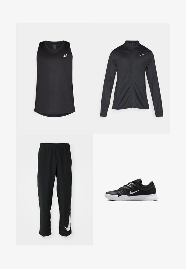 Chaqueta atlética negra con mangas largas, collar y cremallera completa. Presenta un sutil logo de Nike en blanco en la parte superior izquierda del pecho. Textura suave.; Camiseta atlética sin mangas de color negro, hecha de tejido ligero, con dobladillo redondeado y un logo blanco en la parte superior izquierda delantera.; Pantalones deportivos negros con cinturilla elástica, diseño cónico, que presentan un gran logo blanco de Nike en la pierna izquierda. Tejido suave y ligero.; Zapatilla deportiva negra con parte superior texturizada, logo de Nike en blanco y suela de goma blanca. Tiene un diseño con cordones y una forma dinámica.