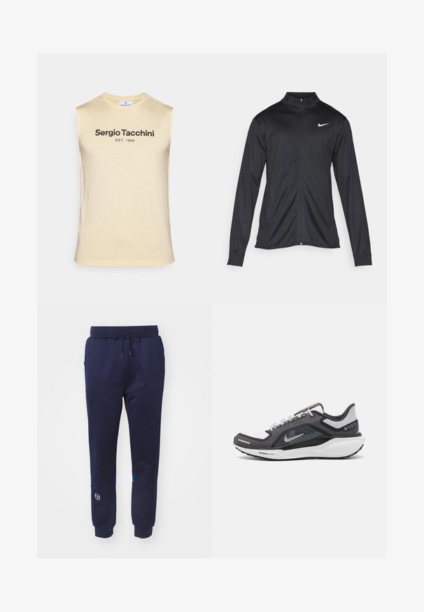 Must värvi sportlik jakk pikkade varrukatega, krae ja täispikk tõmblukk. Ülemises vasakus rinnas on diskreetne valge Nike logo. Sile tekstuur.; Käeaukudeta helekollane tank-top, mis on valmistatud pehmest kangast, millel on must kiri "Sergio Tacchini EST. 1966" rinna kohal.; Tumedad sinised spordipüksid, mis on valmistatud siledast kangast. Neil on nööriga kummirihm ning sinised aktsenttriibud pahkluude juures, koos logo detailiga hemmi lähedal.; Mustern ja hallide värvusega spordijalats, millel on võrgusilmast ülemine osa, peegeldavad aktsendid ja valge vaheosa. Omab tekstuuriga kummist välisosa ja kingapaelu.