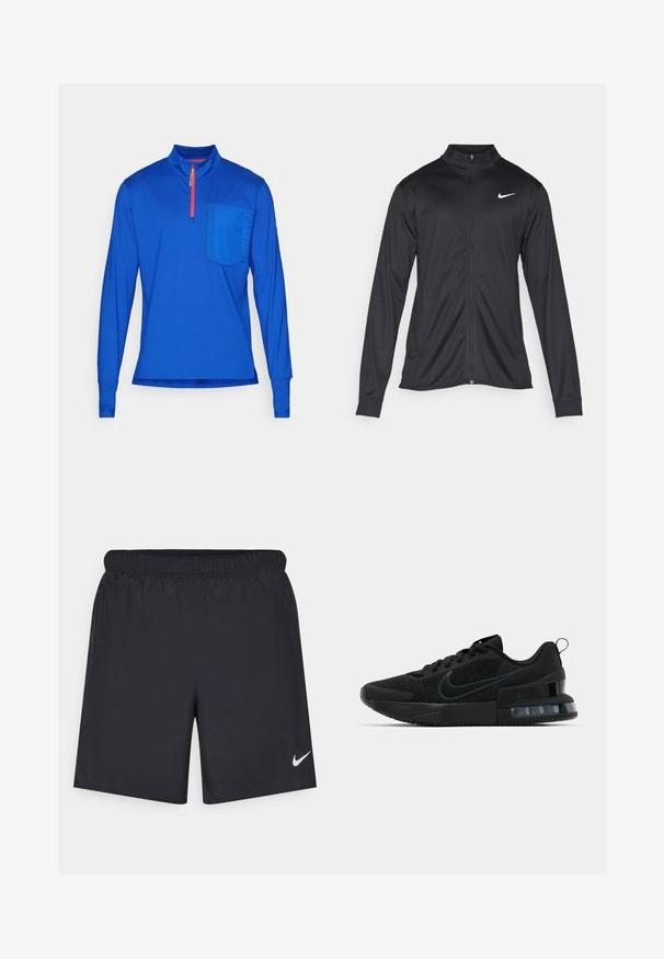 Jachetă sportivă neagră cu mâneci lungi, guler și fermoar complet. Prezintă un logo Nike subtil, alb, pe pieptul din stânga sus. Textură netedă.; Tricou cu mânecă lungă, cu fermoar pe jumătate, din material albastru deschis. Are un buzunar pe piept și un fermoar roșu contrastant. Textură netedă, croială sport.; Pantaloni scurți atletici negri, fabricați dintr-un material ușor, cu un talie elastică. Au un mic logo alb Nike în partea stângă jos.; Pantofii atletici negri Nike au un superior din plasă, talpă din cauciuc, guler căptușit și un accent distinct transparent în călcâi.