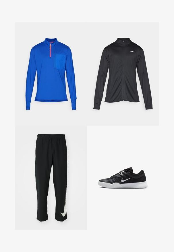 Svart idrettsjakke med lange ermer, krage og full glidelås. Har en subtil Nike-logo i hvitt på øvre venstre bryst. Glatt tekstur.; Langermet, halv-zip topp i lyseblått stoff. Har en brystlomme og kontrasterende rød glidelås. Glatt tekstur, atletisk passform.; Svarte treningbukser med elastisk midje, smalere design, med en stor hvit Nike-logo på venstre bein. Myk, lett stoff.; Svart treningssko med teksturert overdel, hvit Nike-swoosh og hvit gummisåle. Har snøring og en dynamisk form.